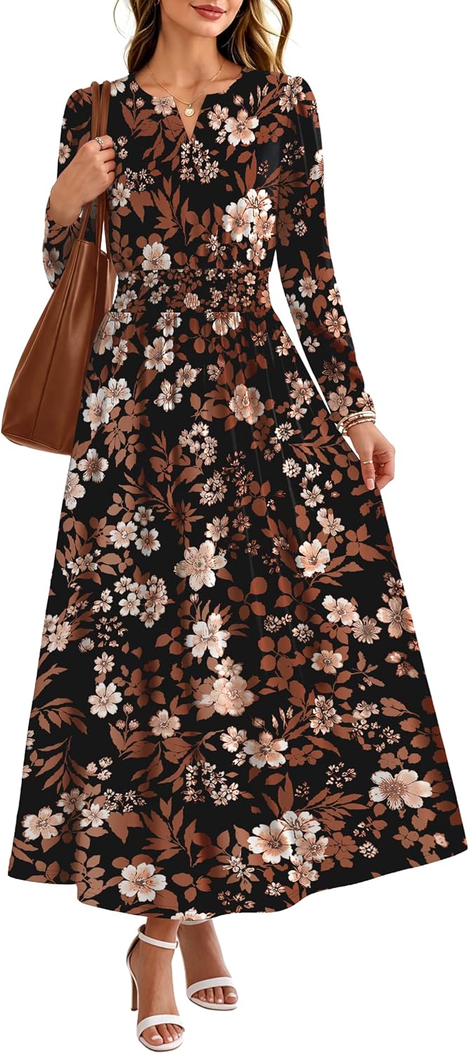 OFEEFAN 2026 Womens Fall Boho Floral Long Sleeve Maxi Dresses with Pockets | Smocked Waist, Notch V Neck, Flowy, A Line, Elegant, Comfy Soft, Casual Daily Work Wedding Guest Church Beach, Fall Outfits