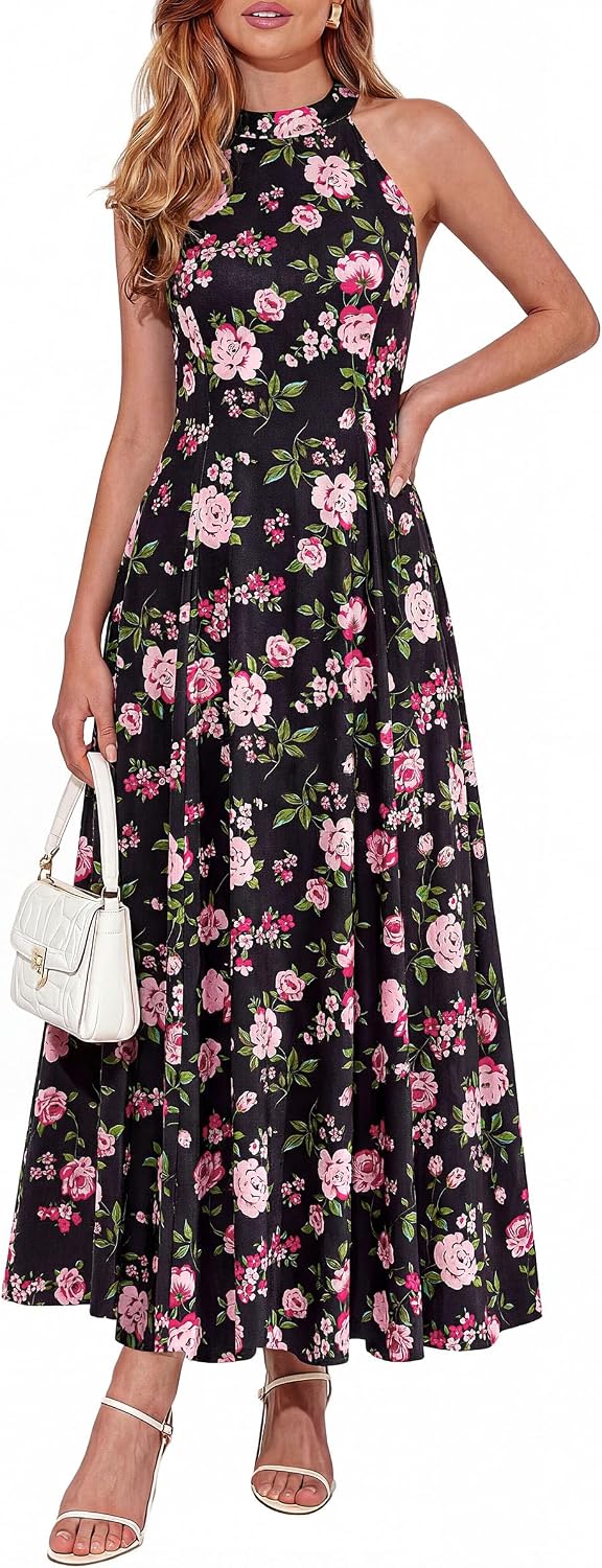 PRETTYGARDEN Summer Flowy Halter Dresses for Women | Elegant Floral\/Polka Dot Print,Sleeveless A-Line,Maxi Long Sundress,Beach Vacation Outfits,Party Wedding Guest Dress
