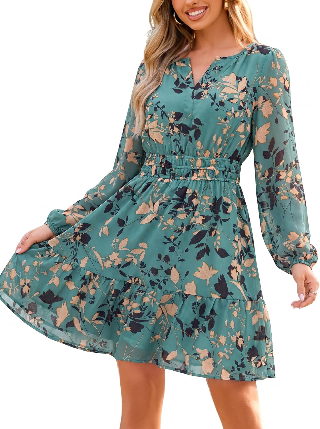 Simplee Womens Fall Floral Mini Dress Boho Chiffon Flowy Short Dress | Long Sleeve, Wedding Guest, V Neck, Empire Waist, A Line, Baby Shower, Casual, Lightweight