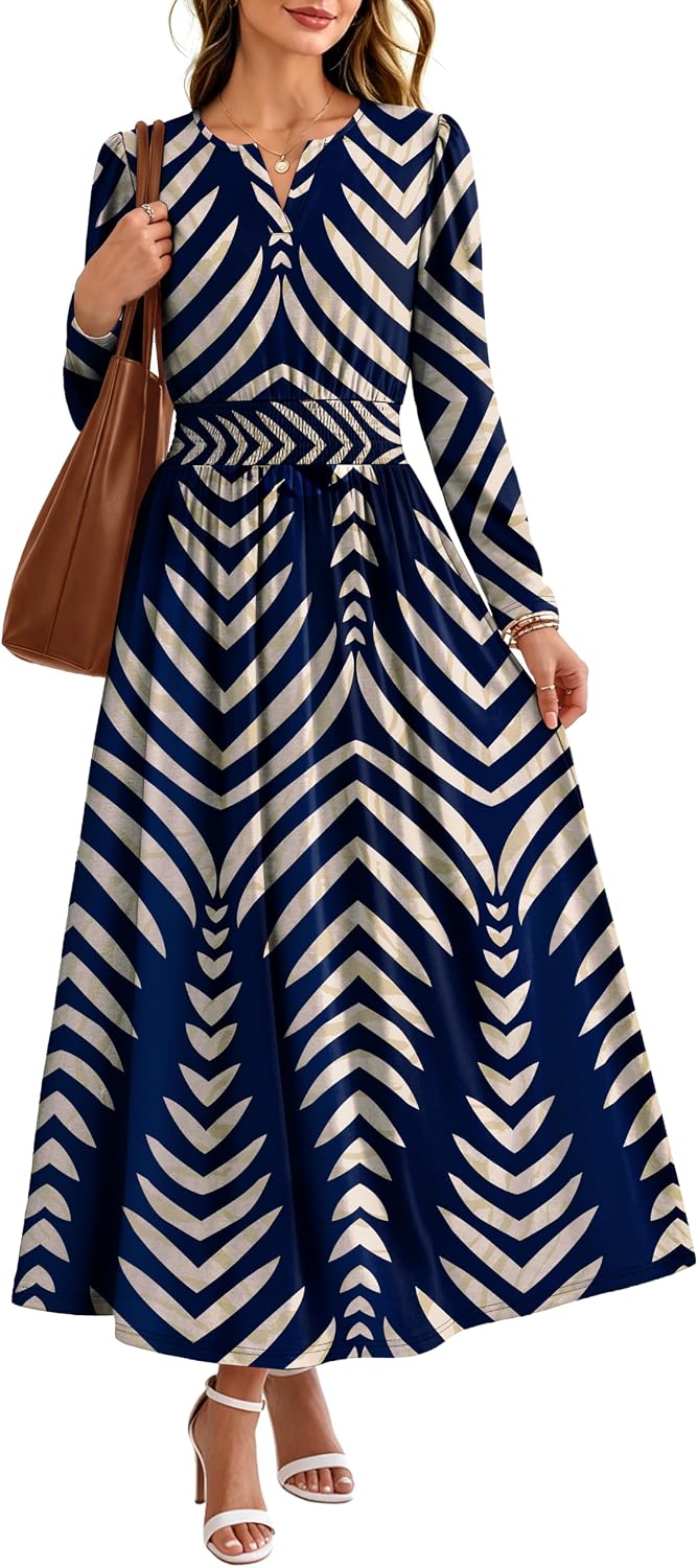 OFEEFAN 2026 Womens Fall Boho Floral Long Sleeve Maxi Dresses with Pockets | Smocked Waist, Notch V Neck, Flowy, A Line, Elegant, Comfy Soft, Casual Daily Work Wedding Guest Church Beach, Fall Outfits
