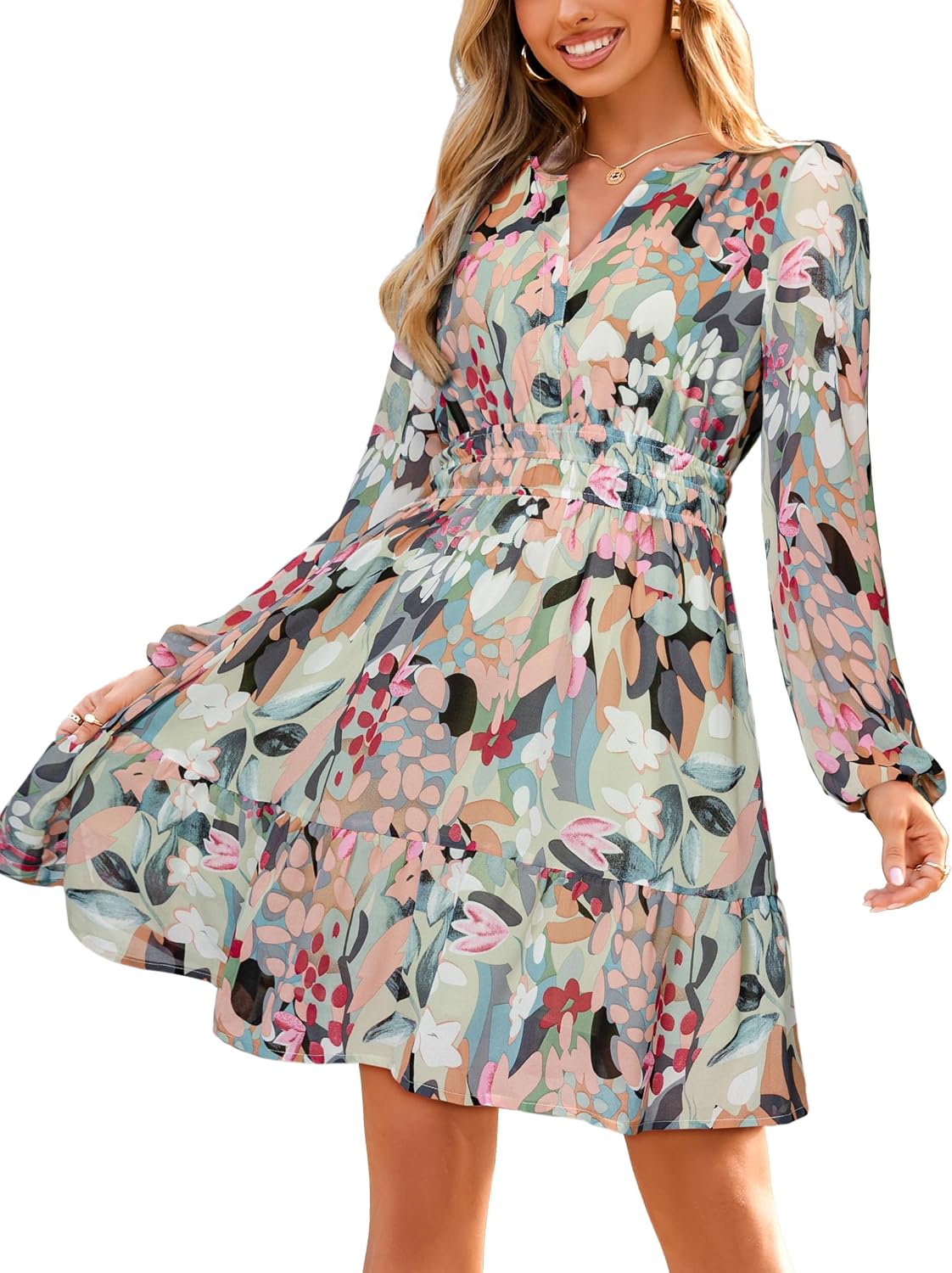 Simplee Womens Fall Floral Mini Dress Boho Chiffon Flowy Short Dress | Long Sleeve, Wedding Guest, V Neck, Empire Waist, A Line, Baby Shower, Casual, Lightweight
