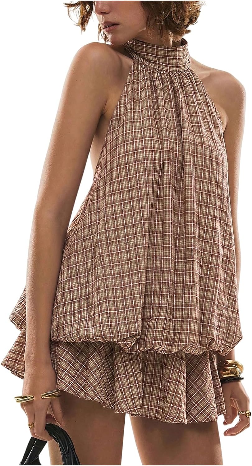 Floerns Women's Gingham Halter Mini Dress Y2k Backless Ruffle Hem Dresses | Plaid, Tie Open Back, Bubble Dress, Built in Shorts, Sundress, Going Out Outfits