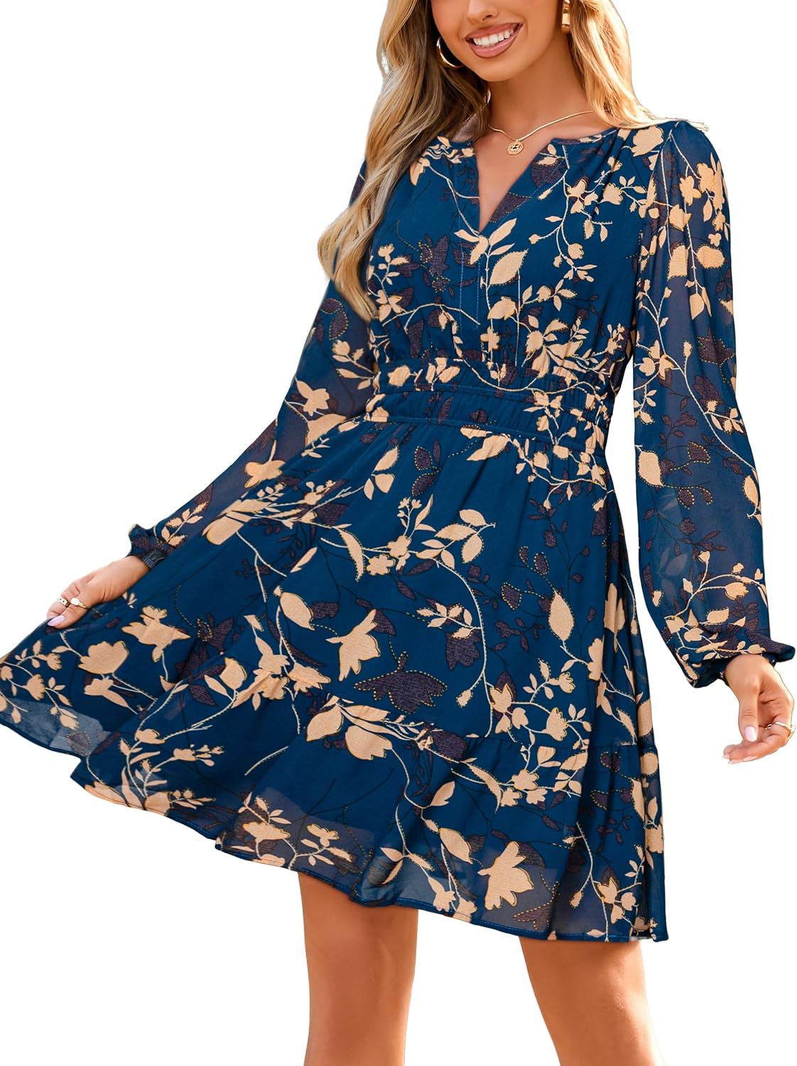 Simplee Womens Fall Floral Mini Dress Boho Chiffon Flowy Short Dress | Long Sleeve, Wedding Guest, V Neck, Empire Waist, A Line, Baby Shower, Casual, Lightweight