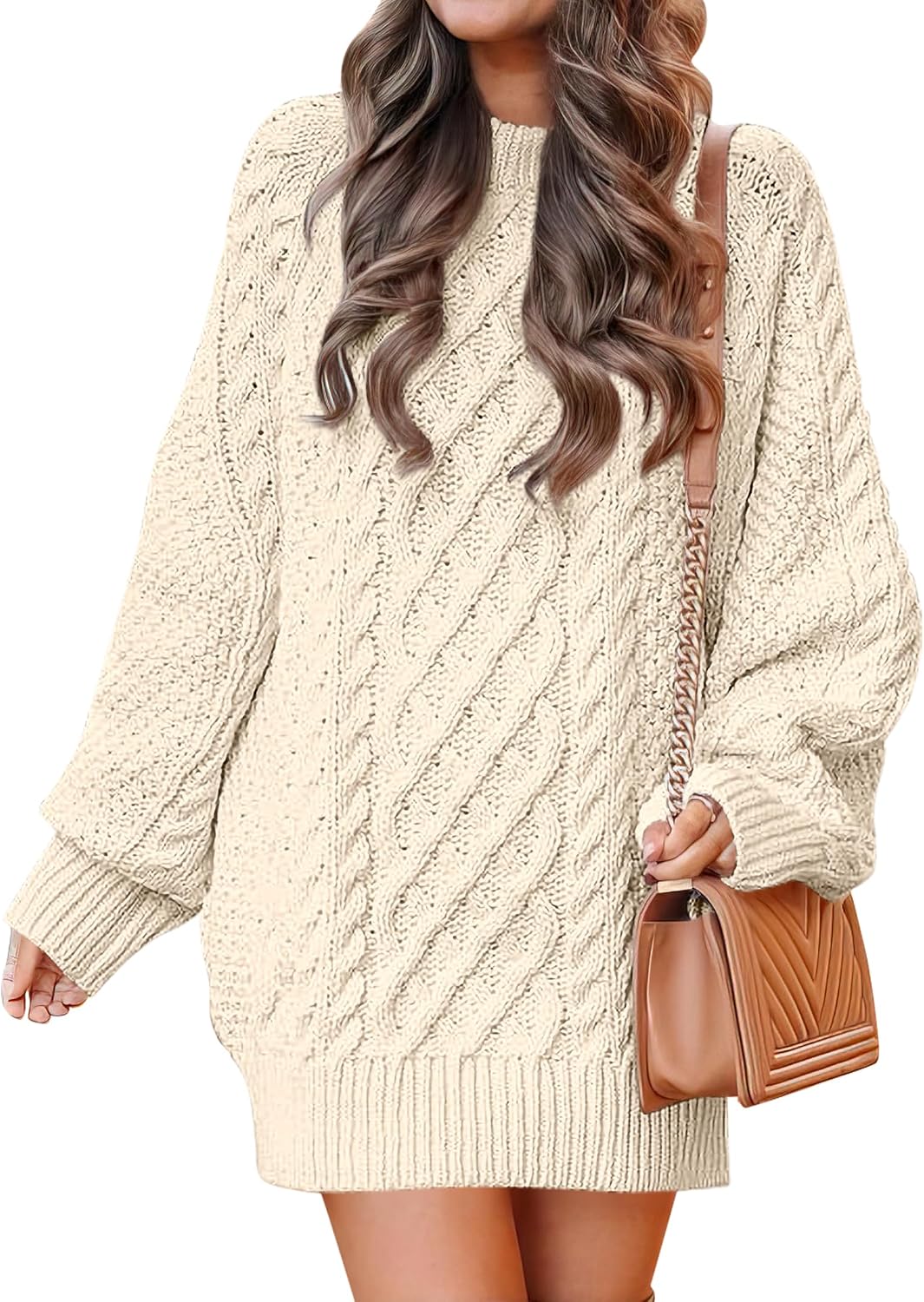 ANRABESS Sweater Dress for Women Oversized Cable Knit Fall Long Sleeve | Chunky Cozy Warm，Cute Classic Pullover，Mini Length Short Dress for Leggings，2026 Fall Outfits，Travel Vacation Winter Clothes