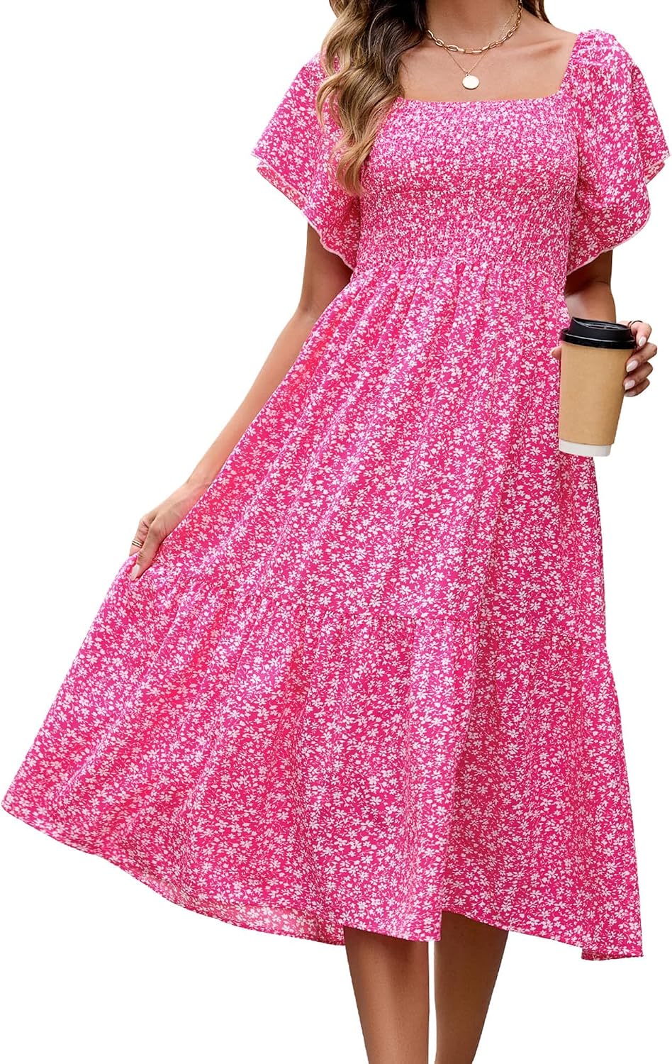 Summer Casual Floral Dresses for Women Beach Vacation Midi Sundresses Short Sleeve Square Neck Boho Flowy Smocked Dress