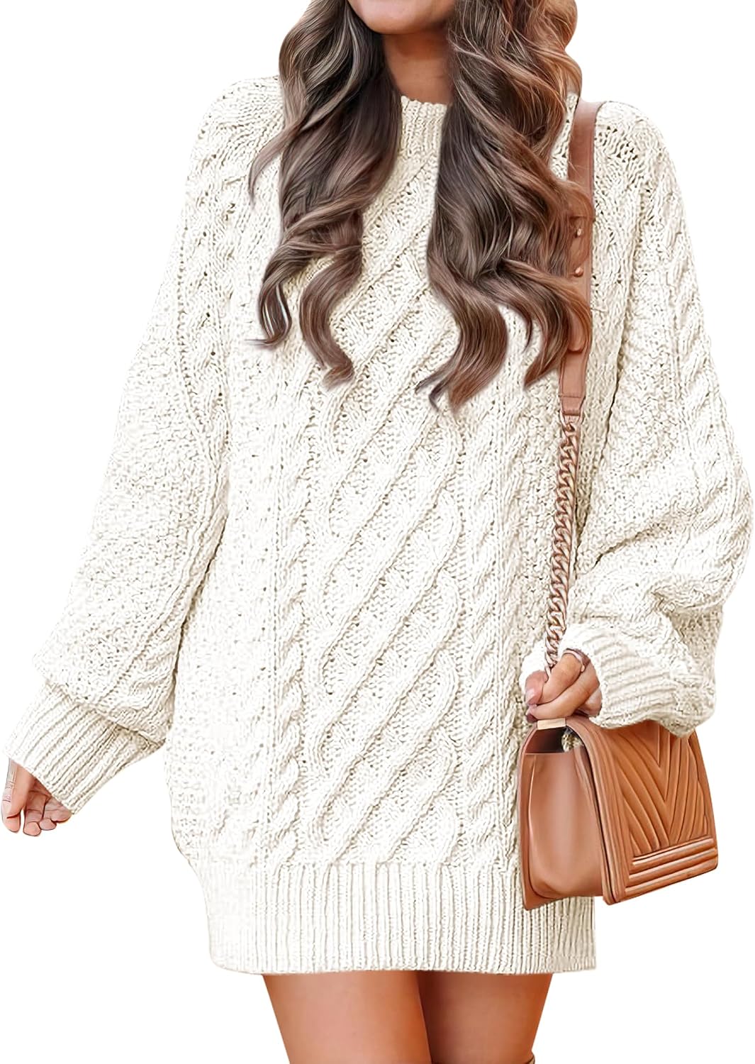 ANRABESS Sweater Dress for Women Oversized Cable Knit Fall Long Sleeve | Chunky Cozy Warm，Cute Classic Pullover，Mini Length Short Dress for Leggings，2026 Fall Outfits，Travel Vacation Winter Clothes