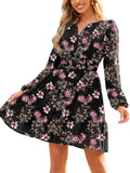 Simplee Womens Fall Floral Mini Dress Boho Chiffon Flowy Short Dress | Long Sleeve, Wedding Guest, V Neck, Empire Waist, A Line, Baby Shower, Casual, Lightweight