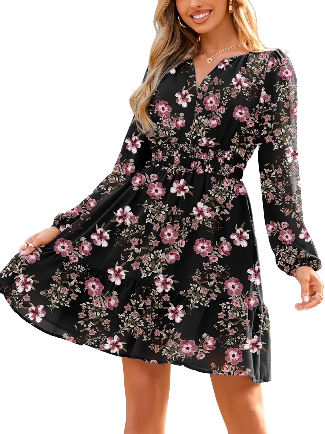 Simplee Womens Fall Floral Mini Dress Boho Chiffon Flowy Short Dress | Long Sleeve, Wedding Guest, V Neck, Empire Waist, A Line, Baby Shower, Casual, Lightweight