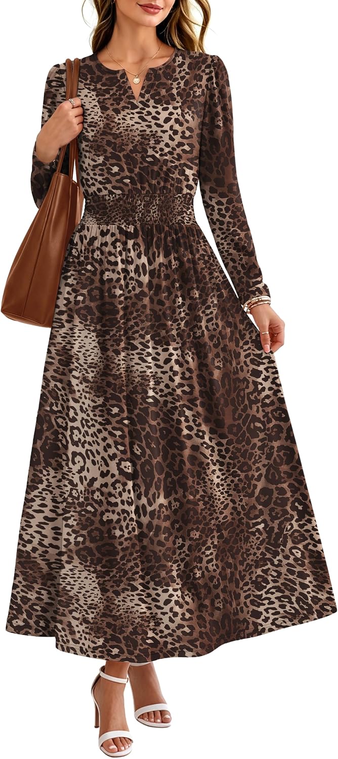 OFEEFAN 2026 Womens Fall Boho Floral Long Sleeve Maxi Dresses with Pockets | Smocked Waist, Notch V Neck, Flowy, A Line, Elegant, Comfy Soft, Casual Daily Work Wedding Guest Church Beach, Fall Outfits