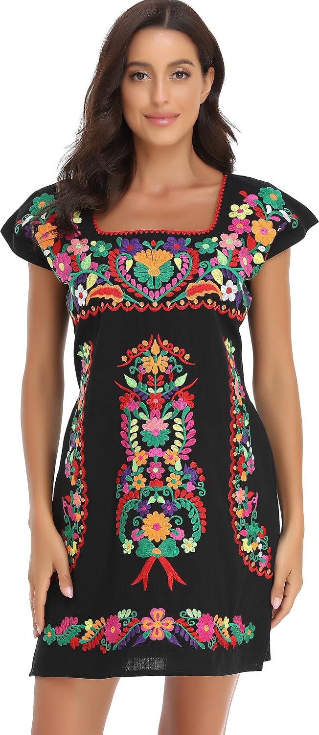 Womens Mexican Embroidered Dress Floral Short Sleeve Boho Mini Dress | Square Neck, Loose Shift Fit, Summer Beach Outfit, Fiesta Party Wear, Casual Sundress for Vacation