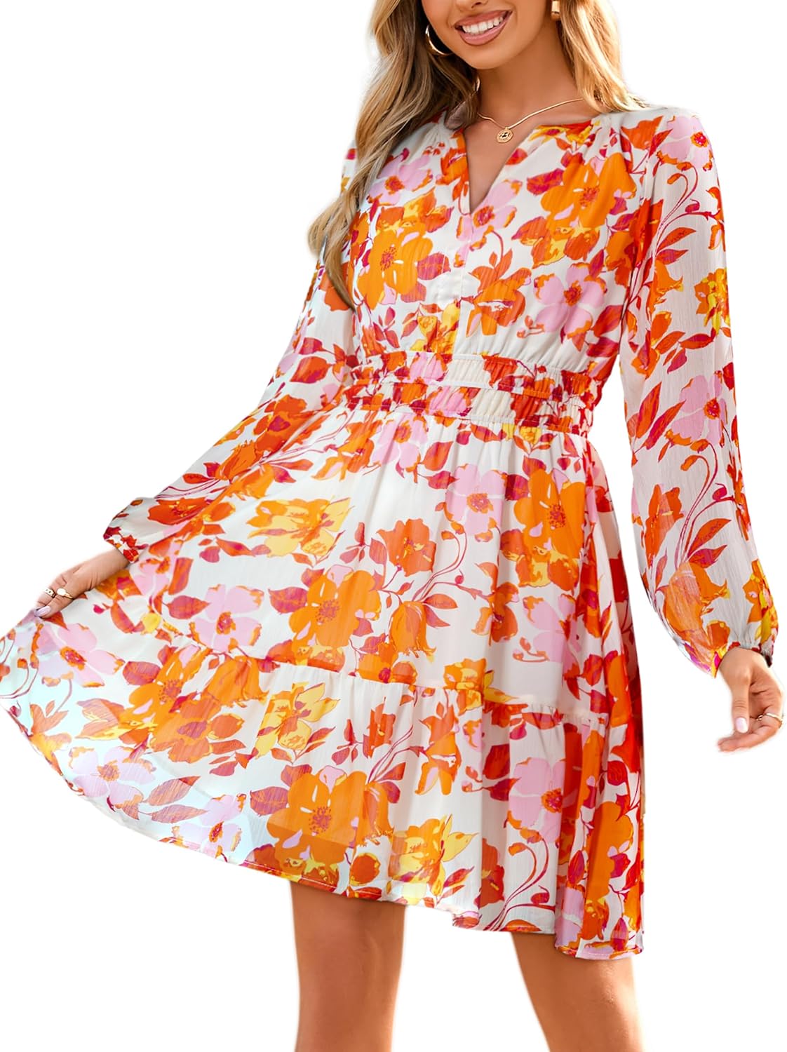 Simplee Womens Fall Floral Mini Dress Boho Chiffon Flowy Short Dress | Long Sleeve, Wedding Guest, V Neck, Empire Waist, A Line, Baby Shower, Casual, Lightweight