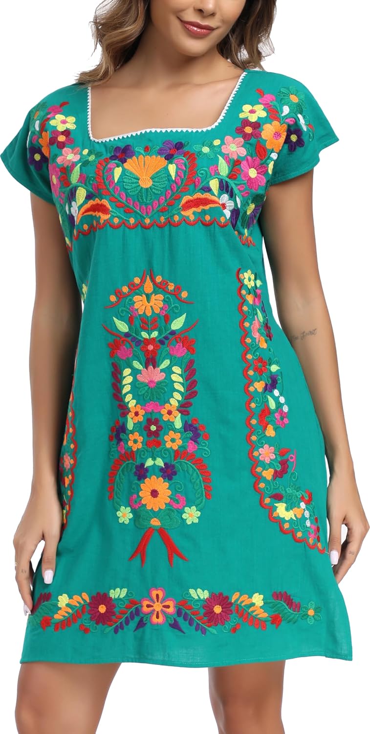 Womens Mexican Embroidered Dress Floral Short Sleeve Boho Mini Dress | Square Neck, Loose Shift Fit, Summer Beach Outfit, Fiesta Party Wear, Casual Sundress for Vacation