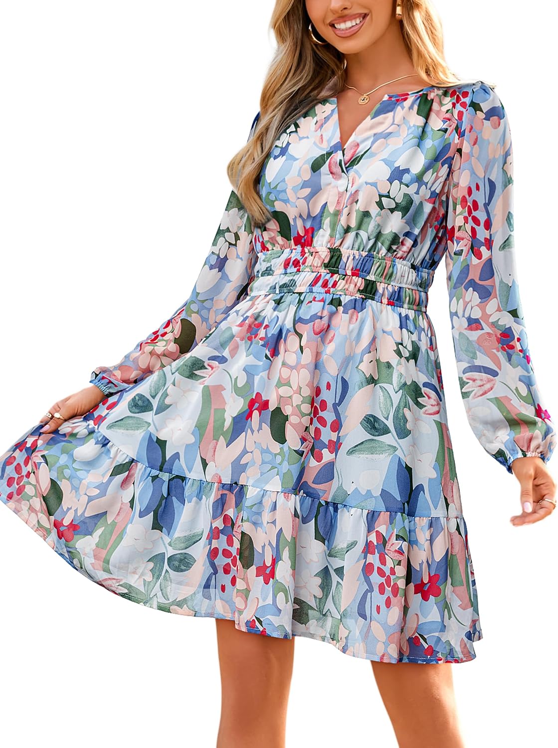 Simplee Womens Fall Floral Mini Dress Boho Chiffon Flowy Short Dress | Long Sleeve, Wedding Guest, V Neck, Empire Waist, A Line, Baby Shower, Casual, Lightweight