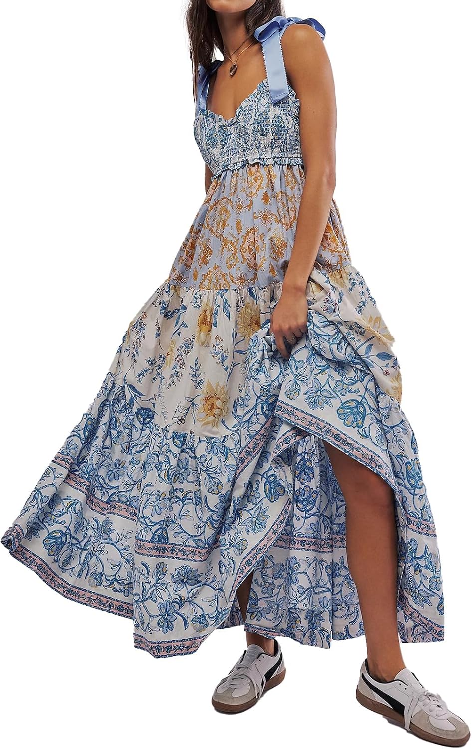 ABYOVRT Women Floral Maxi Dress Tie Shoulder Patchwork Smocked Flowy Boho Dress with Pockets Summer Vacation Sundress