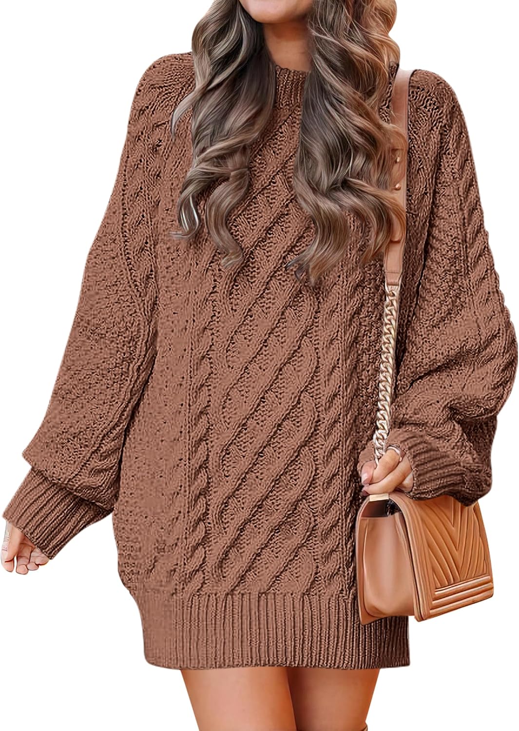 ANRABESS Sweater Dress for Women Oversized Cable Knit Fall Long Sleeve | Chunky Cozy Warm，Cute Classic Pullover，Mini Length Short Dress for Leggings，2026 Fall Outfits，Travel Vacation Winter Clothes