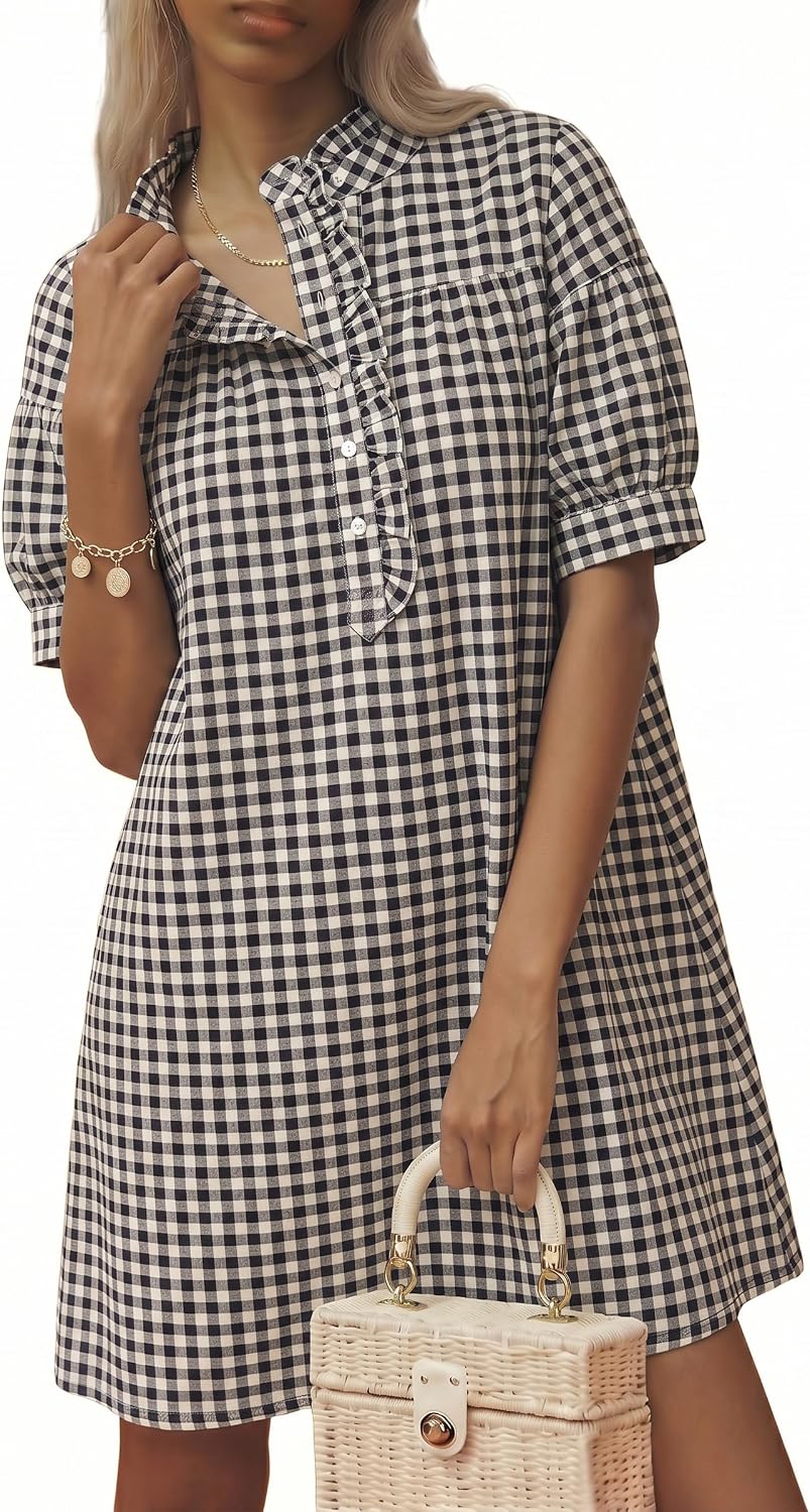 BLENCOT Summer Dresses for Women Puff Sleeve Striped Button Mini Dress | Dressy Casual Dresses, Women's Button Front Ruffle Collar Dress With Pockets Outfit for Work Vacation School