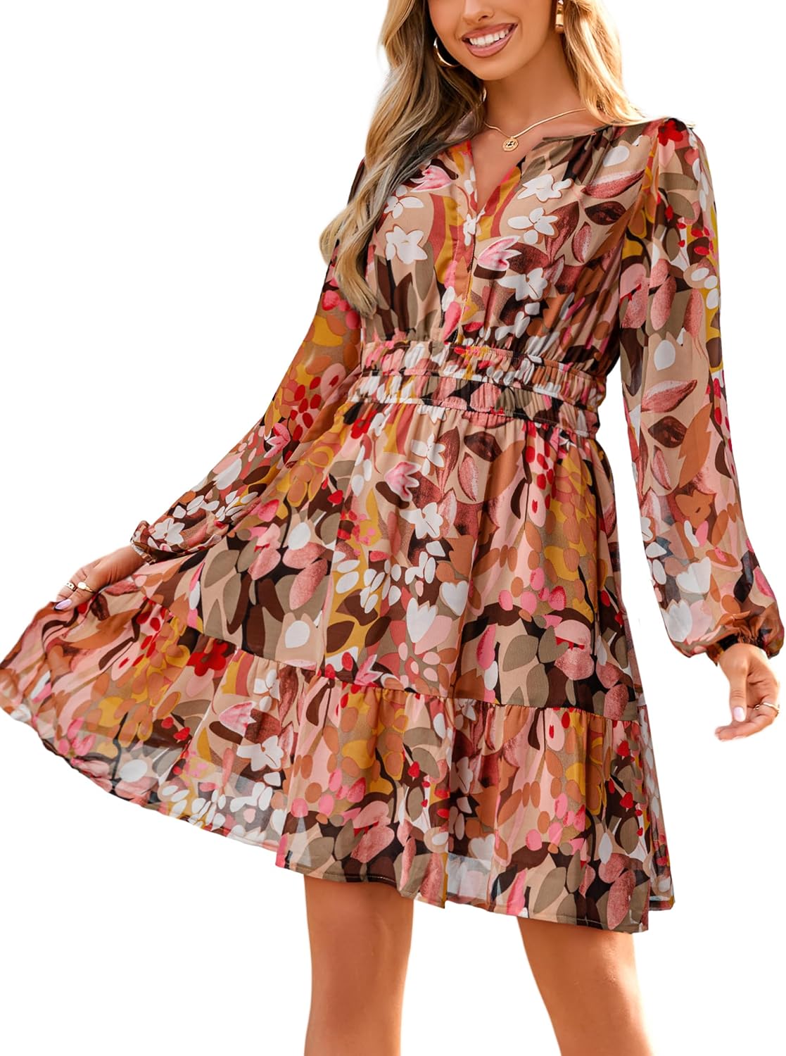 Simplee Womens Fall Floral Mini Dress Boho Chiffon Flowy Short Dress | Long Sleeve, Wedding Guest, V Neck, Empire Waist, A Line, Baby Shower, Casual, Lightweight