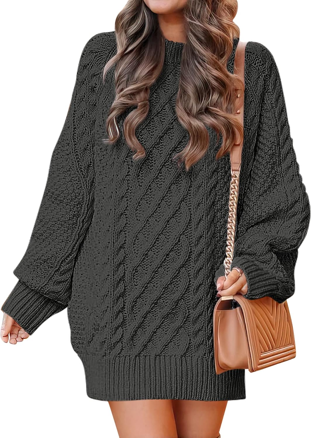 ANRABESS Sweater Dress for Women Oversized Cable Knit Fall Long Sleeve | Chunky Cozy Warm，Cute Classic Pullover，Mini Length Short Dress for Leggings，2026 Fall Outfits，Travel Vacation Winter Clothes