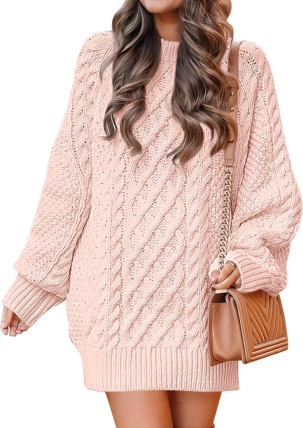 ANRABESS Sweater Dress for Women Oversized Cable Knit Fall Long Sleeve | Chunky Cozy Warm，Cute Classic Pullover，Mini Length Short Dress for Leggings，2026 Fall Outfits，Travel Vacation Winter Clothes
