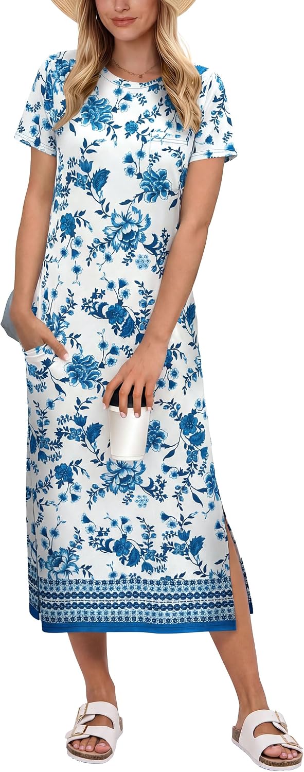 ANRABESS Womens Midi Dress,Summer Long Tshirts Dresses,Short Sleeve Split Stripe,Comfy Travel Beach Vacation Casual Wear