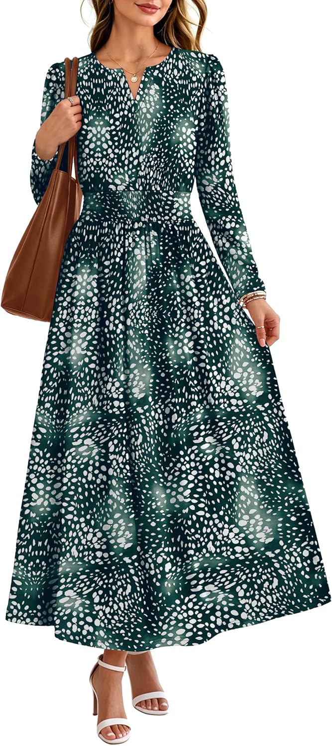 OFEEFAN 2026 Womens Fall Boho Floral Long Sleeve Maxi Dresses with Pockets | Smocked Waist, Notch V Neck, Flowy, A Line, Elegant, Comfy Soft, Casual Daily Work Wedding Guest Church Beach, Fall Outfits