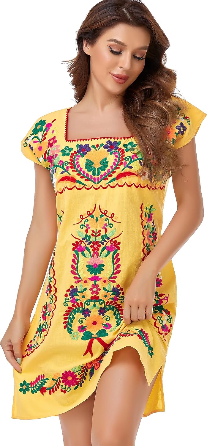 Womens Mexican Embroidered Dress Floral Short Sleeve Boho Mini Dress | Square Neck, Loose Shift Fit, Summer Beach Outfit, Fiesta Party Wear, Casual Sundress for Vacation