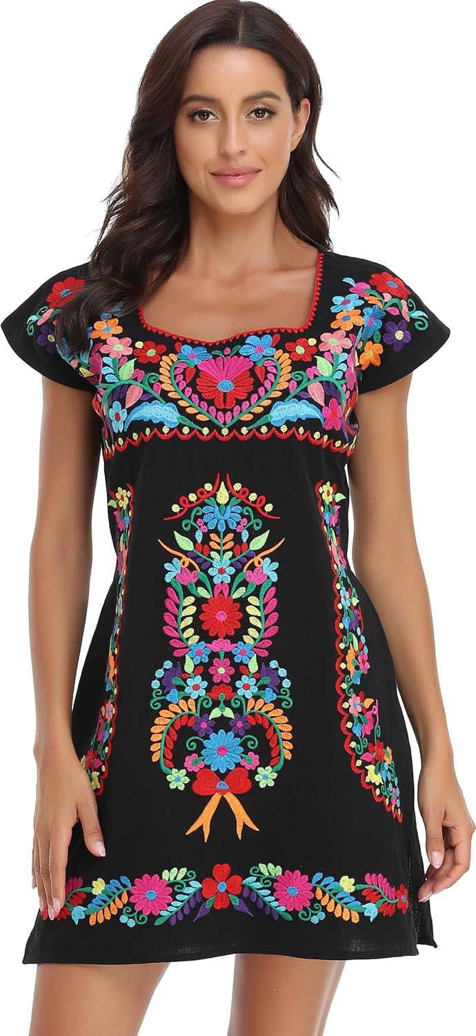 Womens Mexican Embroidered Dress Floral Short Sleeve Boho Mini Dress | Square Neck, Loose Shift Fit, Summer Beach Outfit, Fiesta Party Wear, Casual Sundress for Vacation