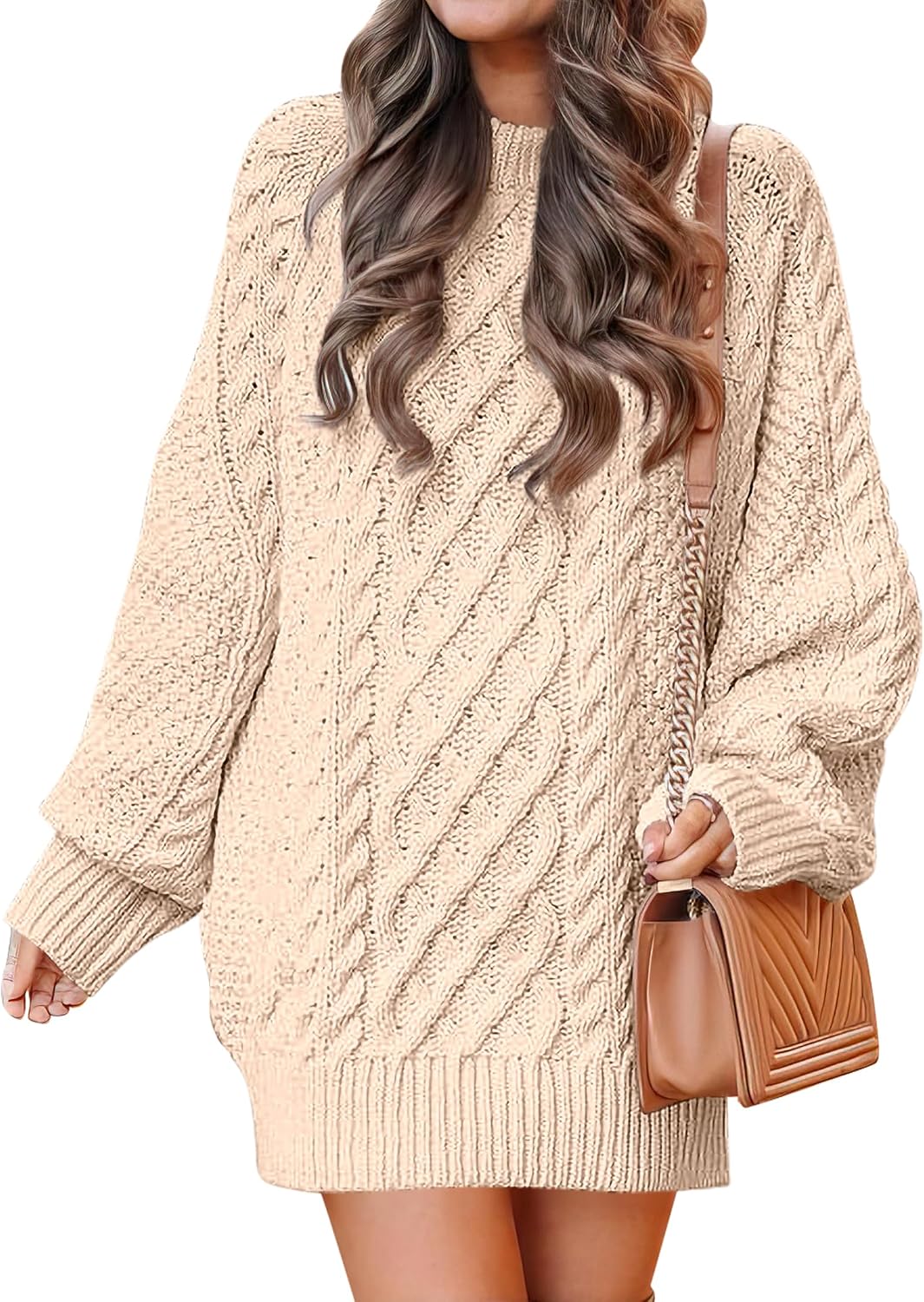 ANRABESS Sweater Dress for Women Oversized Cable Knit Fall Long Sleeve | Chunky Cozy Warm，Cute Classic Pullover，Mini Length Short Dress for Leggings，2026 Fall Outfits，Travel Vacation Winter Clothes