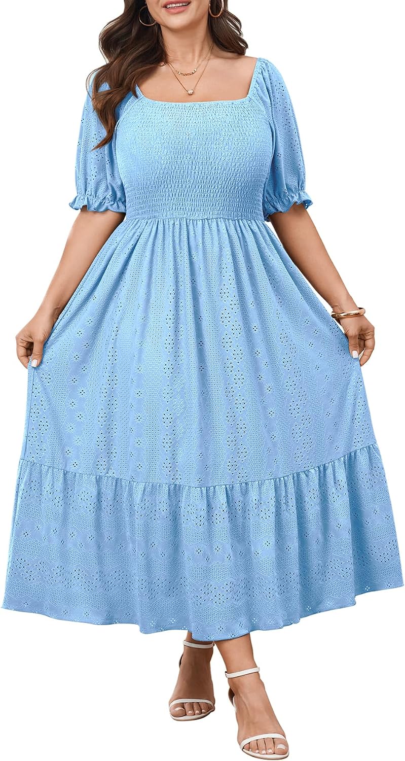 CICIDUDU Plus Size Casual Summer Milkmaid Maxi Dresses for Curvy Women | Smocked, Flowy, A-Line, Baby Shower, Maternity, Graduation, Bridesmaid, Party, Birthday Wedding Guest Dress