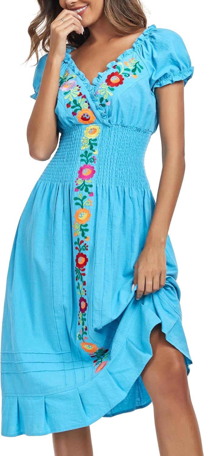 YZXDORWJ Women Mexican Embroidered Casual Dress Summer Ruffle V Neck Short Sleeves