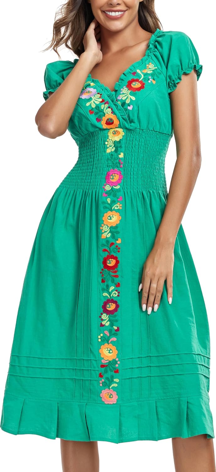 YZXDORWJ Women Mexican Embroidered Casual Dress Summer Ruffle V Neck Short Sleeves