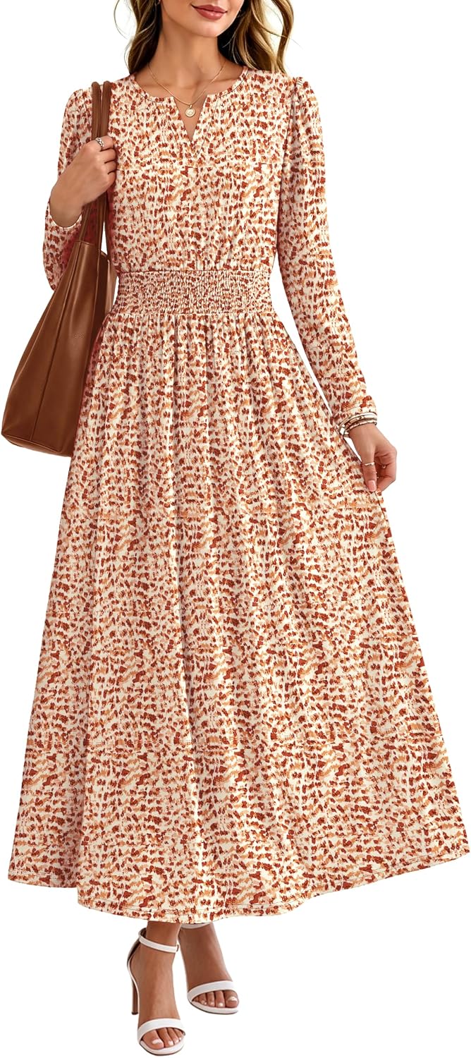 OFEEFAN 2026 Womens Fall Boho Floral Long Sleeve Maxi Dresses with Pockets | Smocked Waist, Notch V Neck, Flowy, A Line, Elegant, Comfy Soft, Casual Daily Work Wedding Guest Church Beach, Fall Outfits