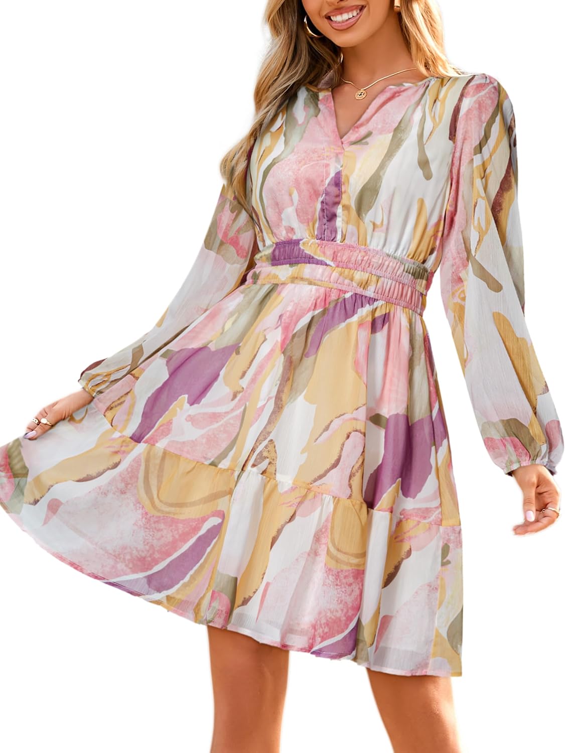 Simplee Womens Fall Floral Mini Dress Boho Chiffon Flowy Short Dress | Long Sleeve, Wedding Guest, V Neck, Empire Waist, A Line, Baby Shower, Casual, Lightweight
