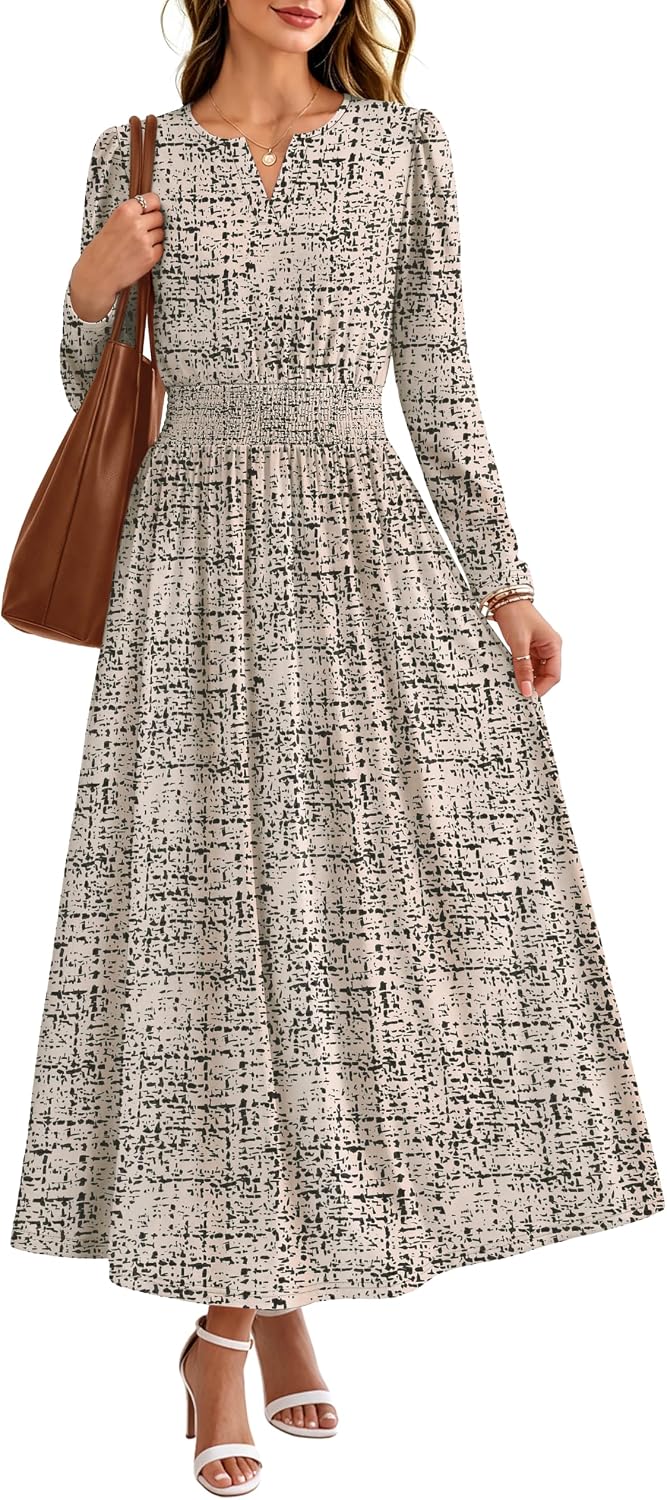 OFEEFAN 2026 Womens Fall Boho Floral Long Sleeve Maxi Dresses with Pockets | Smocked Waist, Notch V Neck, Flowy, A Line, Elegant, Comfy Soft, Casual Daily Work Wedding Guest Church Beach, Fall Outfits
