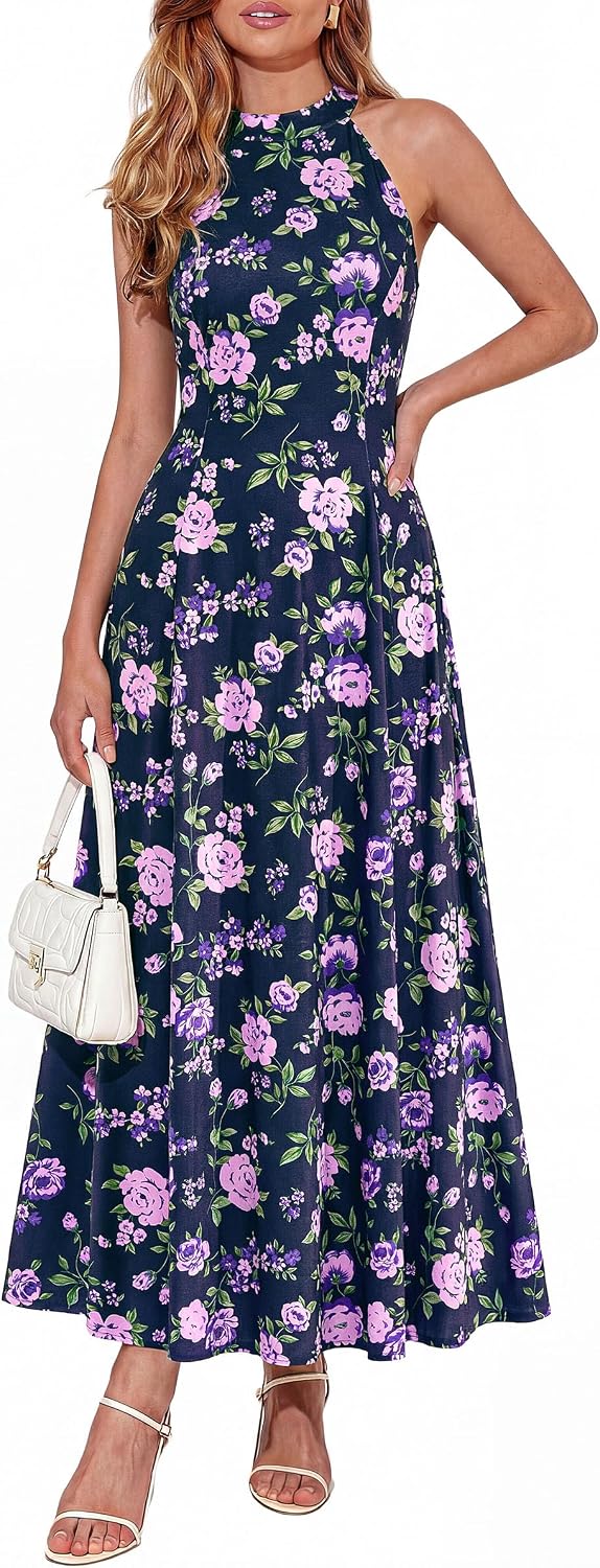 PRETTYGARDEN Summer Flowy Halter Dresses for Women | Elegant Floral\/Polka Dot Print,Sleeveless A-Line,Maxi Long Sundress,Beach Vacation Outfits,Party Wedding Guest Dress