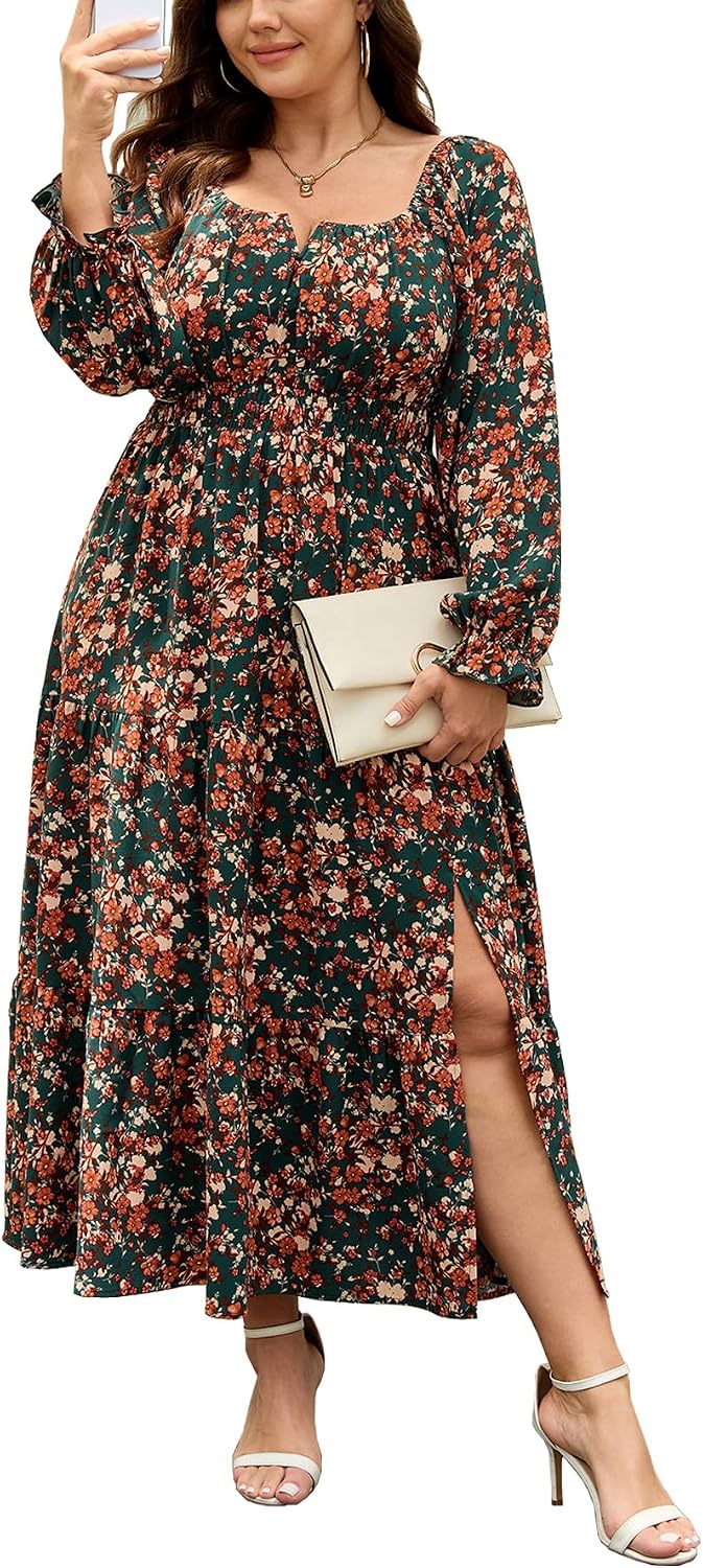 SCOMCHIC Womens Plus Size Formal Dress Fall Long Sleeve Square Neck Flowy A Line Tiered Side Split Wedding Guest Maxi Dress