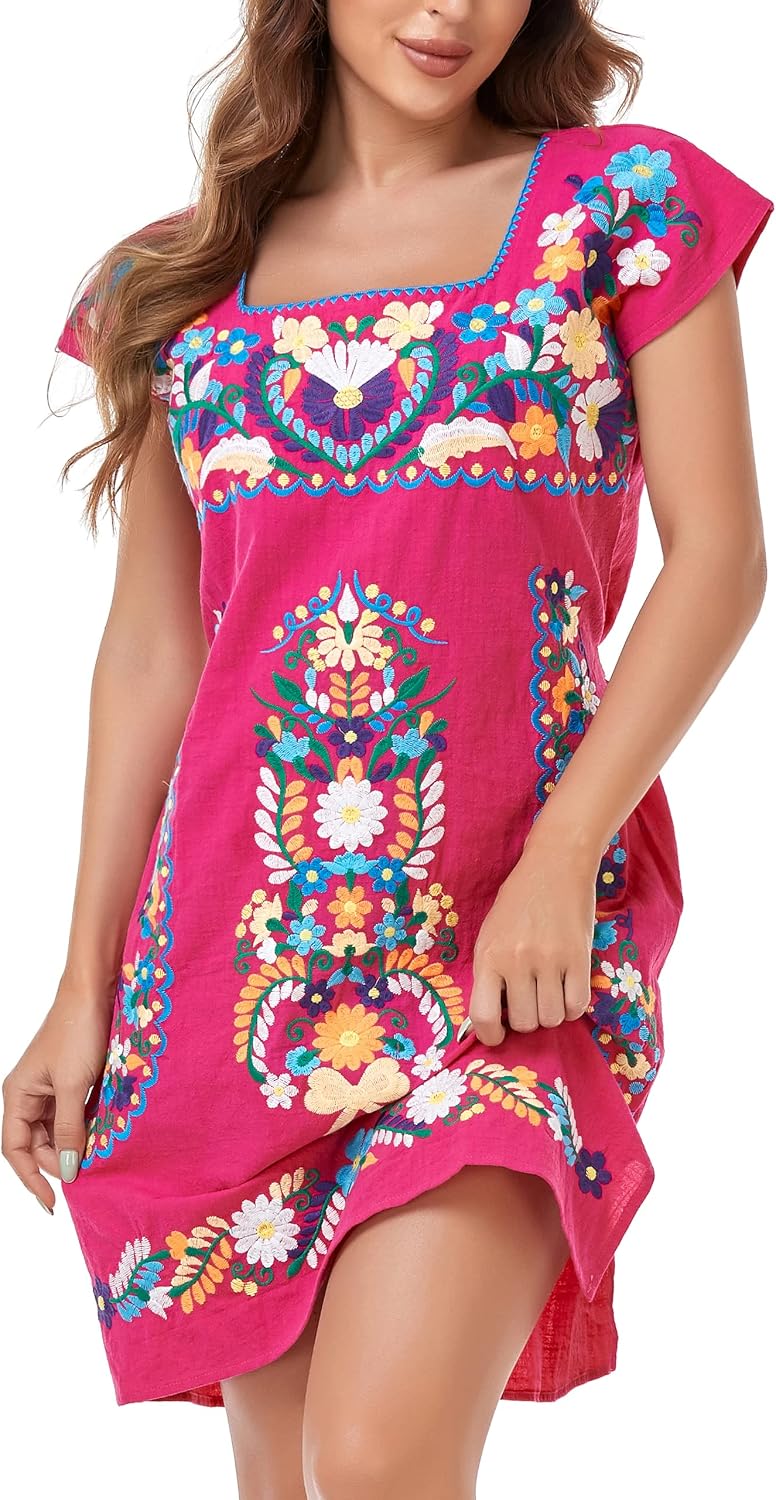 Womens Mexican Embroidered Dress Floral Short Sleeve Boho Mini Dress | Square Neck, Loose Shift Fit, Summer Beach Outfit, Fiesta Party Wear, Casual Sundress for Vacation