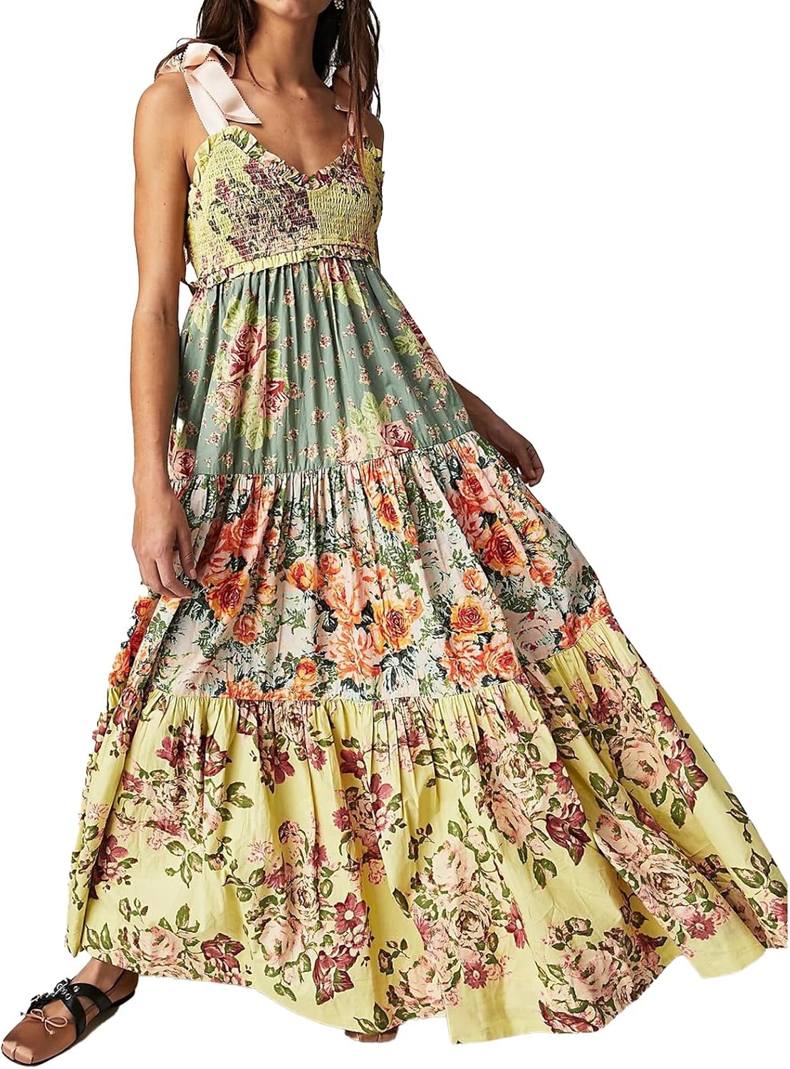 ABYOVRT Women Floral Maxi Dress Tie Shoulder Patchwork Smocked Flowy Boho Dress with Pockets Summer Vacation Sundress