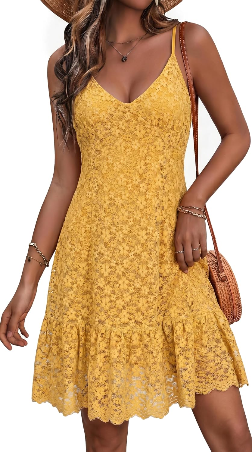 GERT COREL Women's Lace Floral V Neck Cami Dress, Sleeveless Swing Sundress | Spaghetti Strap, A Line Flowy Hem, Beach Vacation Dress, Ruffle Trim, Boho Style, 2026 Summer Fashion, Multi Color and Size