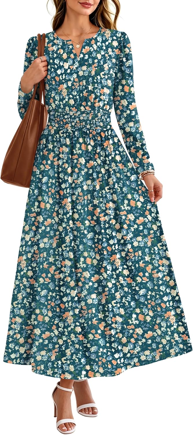 OFEEFAN 2026 Womens Fall Boho Floral Long Sleeve Maxi Dresses with Pockets | Smocked Waist, Notch V Neck, Flowy, A Line, Elegant, Comfy Soft, Casual Daily Work Wedding Guest Church Beach, Fall Outfits