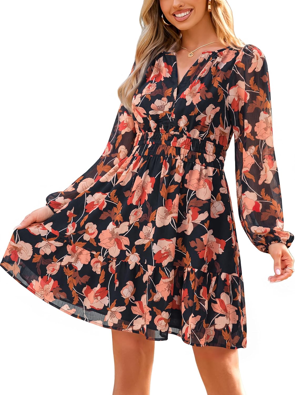 Simplee Womens Fall Floral Mini Dress Boho Chiffon Flowy Short Dress | Long Sleeve, Wedding Guest, V Neck, Empire Waist, A Line, Baby Shower, Casual, Lightweight