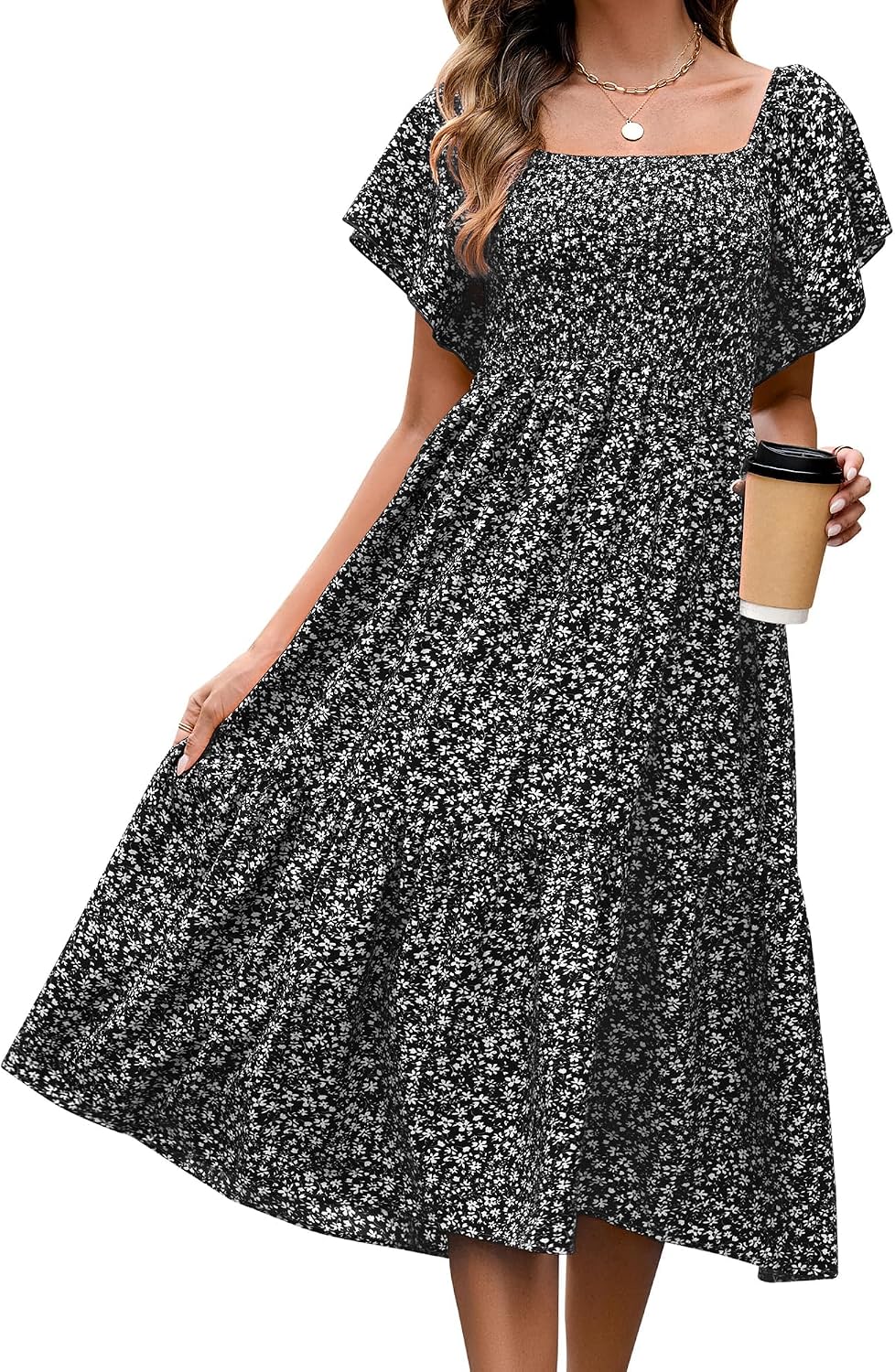 Summer Casual Floral Dresses for Women Beach Vacation Midi Sundresses Short Sleeve Square Neck Boho Flowy Smocked Dress