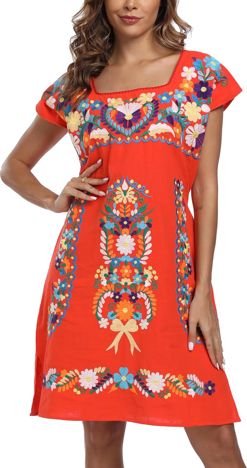 Womens Mexican Embroidered Dress Floral Short Sleeve Boho Mini Dress | Square Neck, Loose Shift Fit, Summer Beach Outfit, Fiesta Party Wear, Casual Sundress for Vacation
