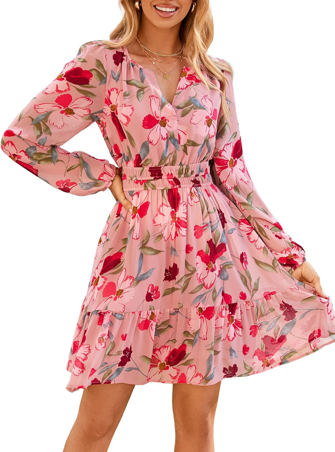 Simplee Womens Fall Floral Mini Dress Boho Chiffon Flowy Short Dress | Long Sleeve, Wedding Guest, V Neck, Empire Waist, A Line, Baby Shower, Casual, Lightweight