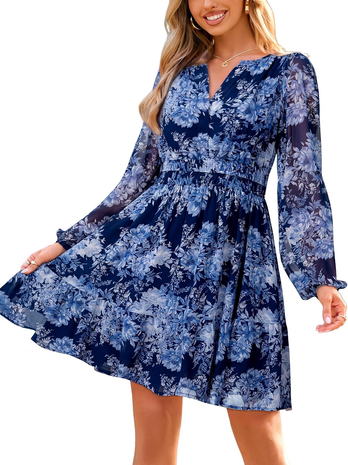 Simplee Womens Fall Floral Mini Dress Boho Chiffon Flowy Short Dress | Long Sleeve, Wedding Guest, V Neck, Empire Waist, A Line, Baby Shower, Casual, Lightweight