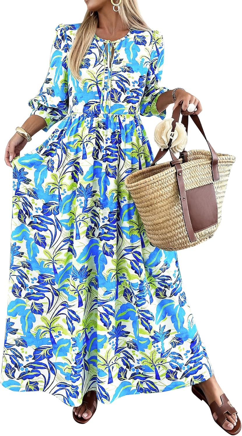 KIRUNDO Maxi Dresses for Women 2026 3\/4 Sleeve Summer Dress | Spring Boho Floral, Drawstring Tie Neck, Loose Fit, Elastic Waist, Pockets, Wedding Guest, Beach Vacation Flowy Long Dress