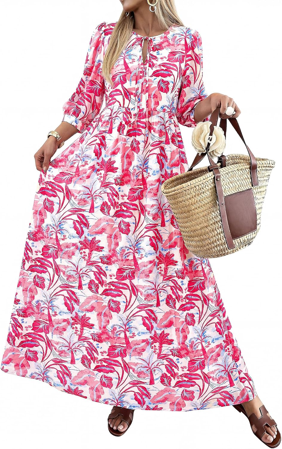 KIRUNDO Maxi Dresses for Women 2026 3\/4 Sleeve Summer Dress | Spring Boho Floral, Drawstring Tie Neck, Loose Fit, Elastic Waist, Pockets, Wedding Guest, Beach Vacation Flowy Long Dress