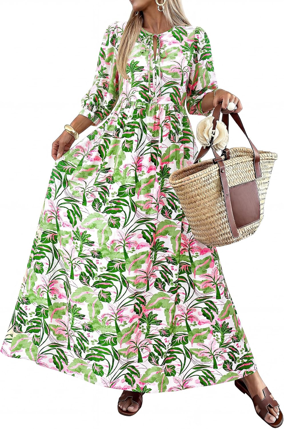 KIRUNDO Maxi Dresses for Women 2026 3\/4 Sleeve Summer Dress | Spring Boho Floral, Drawstring Tie Neck, Loose Fit, Elastic Waist, Pockets, Wedding Guest, Beach Vacation Flowy Long Dress