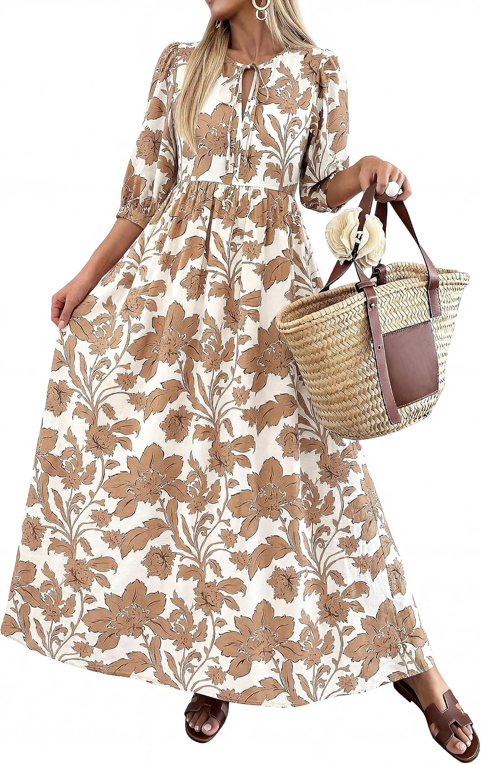 KIRUNDO Maxi Dresses for Women 2026 3\/4 Sleeve Summer Dress | Spring Boho Floral, Drawstring Tie Neck, Loose Fit, Elastic Waist, Pockets, Wedding Guest, Beach Vacation Flowy Long Dress