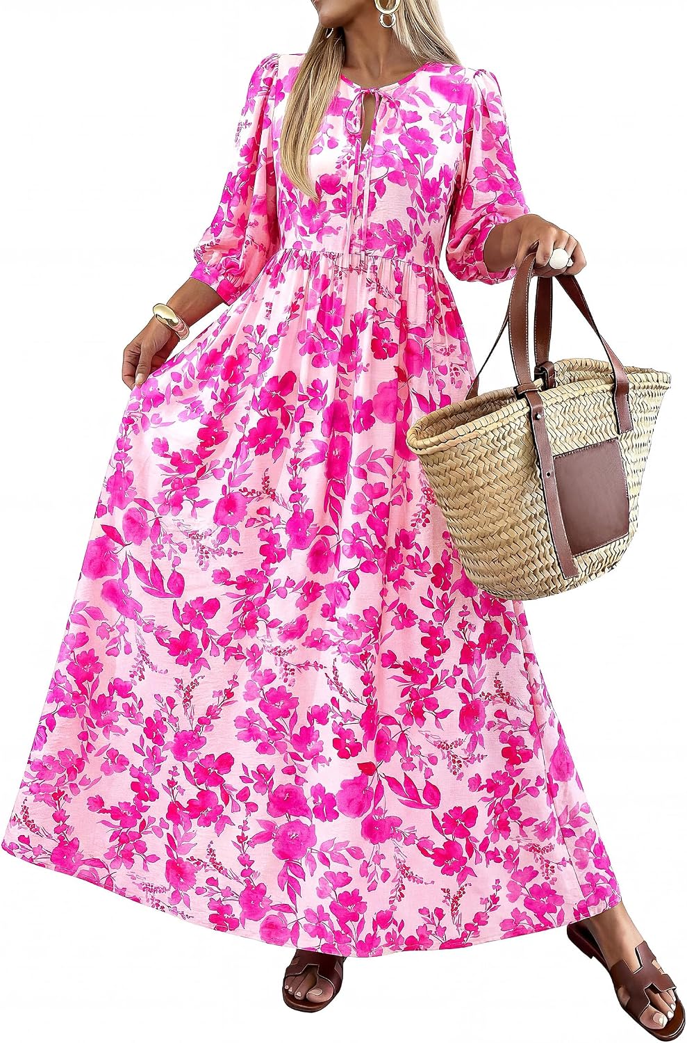 KIRUNDO Maxi Dresses for Women 2026 3\/4 Sleeve Summer Dress | Spring Boho Floral, Drawstring Tie Neck, Loose Fit, Elastic Waist, Pockets, Wedding Guest, Beach Vacation Flowy Long Dress